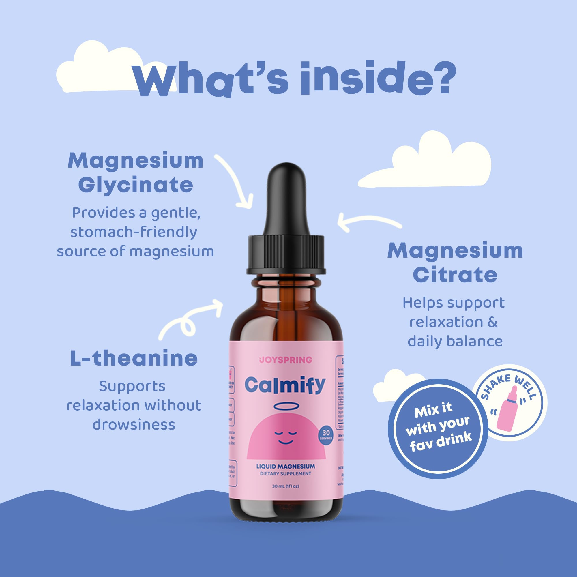 JoySpring Calmify Magnesium Glycinate for Kids | Liquid Magnesium with L-Theanine Supplement | Chamomile Extract & Passion Flower Extract | Sugar-Free Calm Drops | 1 fl oz (30 Servings) JoySpring buy australia supplements