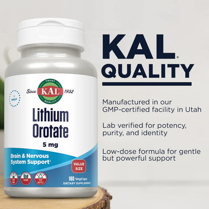 KAL Lithium Orotate 5mg, Low Dose Lithium Supplement for General Wellness Mood Support, Highly Bioavailable, Vegan, 60-Day Guarantee, KAL