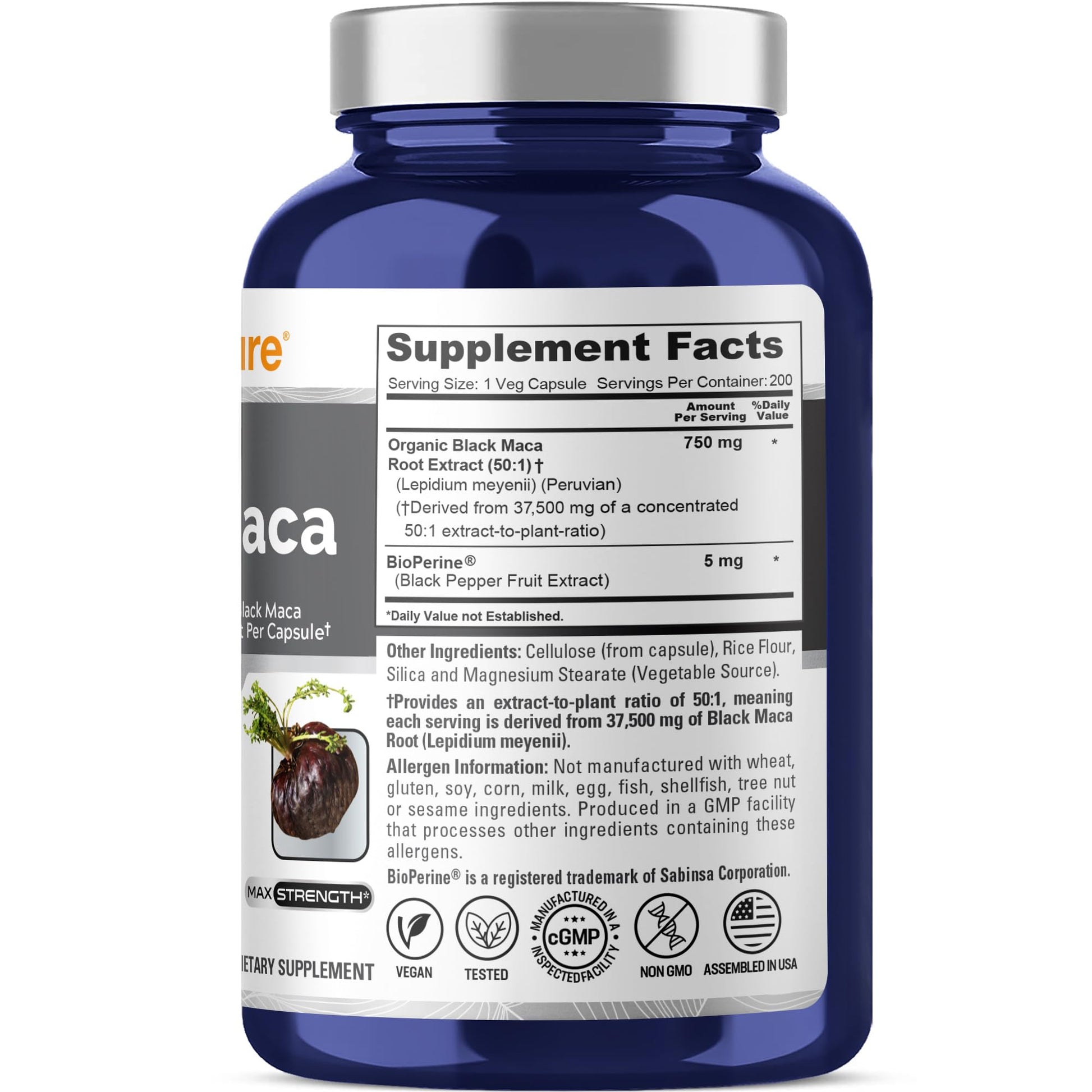 NusaPure Peruvian Black Maca Root Extract 50:1 - Suitable for Vegetarian/Vegan, Non - GMO - 37500 mg - 200 Capsules NusaPure buy australia supplements