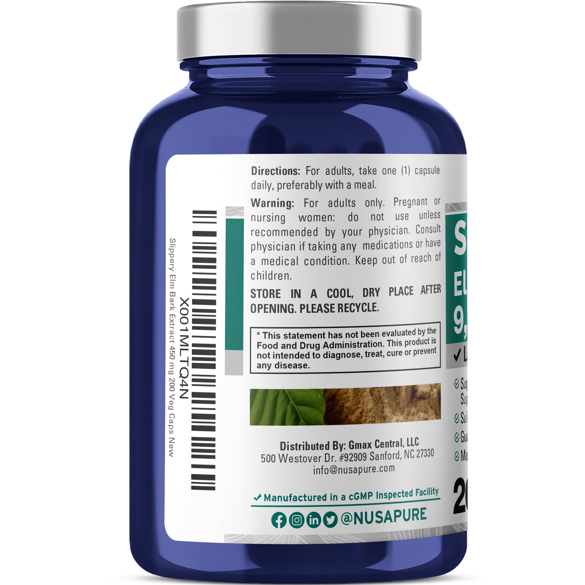 NusaPure Slippery Elm Bark 20:1 Extract, 450 mg Equivalent to 9,000mg 200 Veggie Capsules (Non-GMO, Vegan) NusaPure buy australia supplements