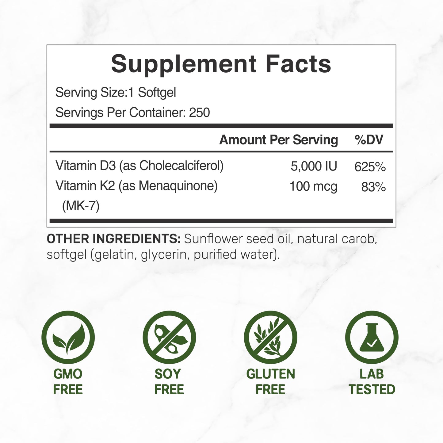 DEAL SUPPLEMENT Vitamin D3 5,000 IU + K2 MK7 Softgels, 250 Count | 2-in-1 Complex | Easy to Swallow DEAL SUPPLEMENT