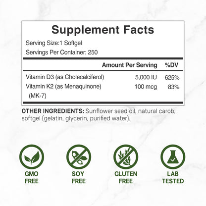 DEAL SUPPLEMENT Vitamin D3 5,000 IU + K2 MK7 Softgels, 250 Count | 2-in-1 Complex | Easy to Swallow DEAL SUPPLEMENT