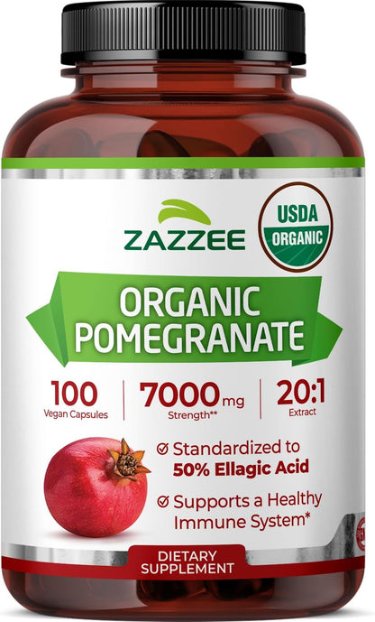 Zazzee USDA Organic Pomegranate 20:1 Extract, 50% Ellagic Acid 100 Capsules | Vegan, 3+ Month Supply, Punica Granatum, Antioxidant, Immune & Polyphenol Support, All-Natural, Non-GMO, Made in the USA Gsupps Australia