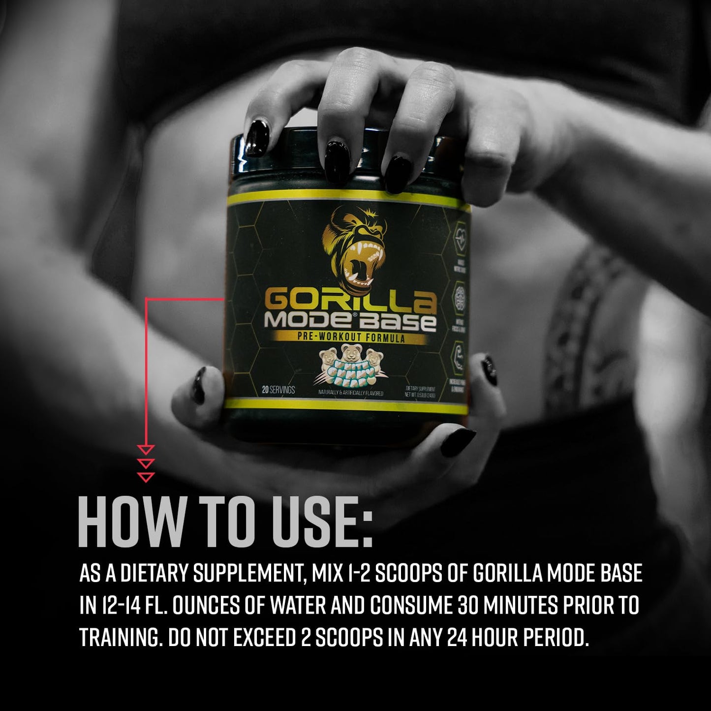 Gorilla Mode Base Pre Workout - Raises Nitric Oxide · Intense Focus & Drive · Endurance · Power - L-Citrulline, L-Tyrosine, Betaine, Alpha-GPC, Caffeine, Huperzine A - 234g (Mouthwatering Watermelon)