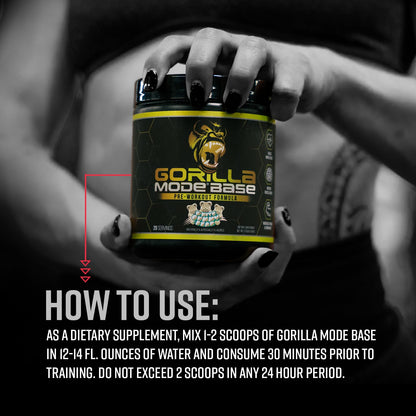 Gorilla Mode Base Pre Workout - Raises Nitric Oxide · Intense Focus & Drive · Endurance · Power - L-Citrulline, L-Tyrosine, Betaine, Alpha-GPC, Caffeine, Huperzine A - 234g (Mouthwatering Watermelon)