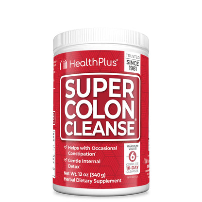Health Plus Super Colon Cleanse, 12 oz Powder, 68 Servings - Natural Detox, Digestive Constipation Relief, Gentle Gut Cleanse with Psyllium Husk & Senna Leaf Health Plus