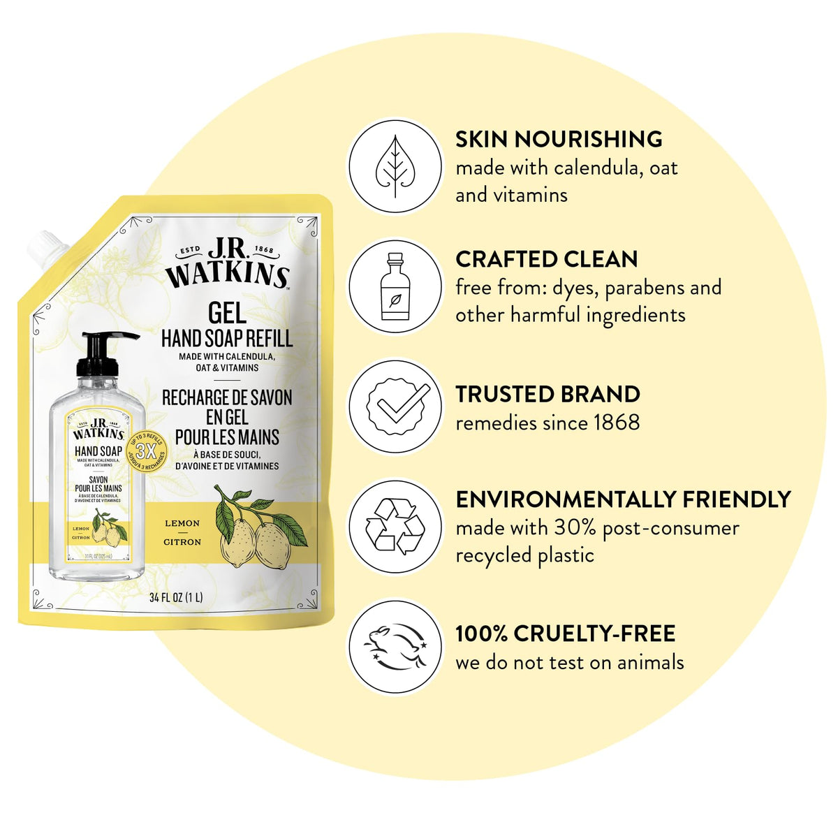J.R. Watkins Moisturizing Gel Hand Soap Refill 2 Pack, Lemon, 34 fl oz J.R. Watkins