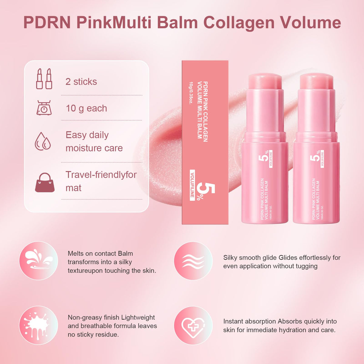 PDRN Pink Collagen Volume Multi Balm, Volufiline Stick 2PCS,Collagen Plump Vult