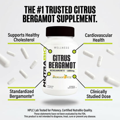 NutraBio Citrus Bergamot Bergamonte Extract Supplement, 1,000mg - May Help Promote Cardiovascular Health and Wellness, 90 Capsules NutraBio