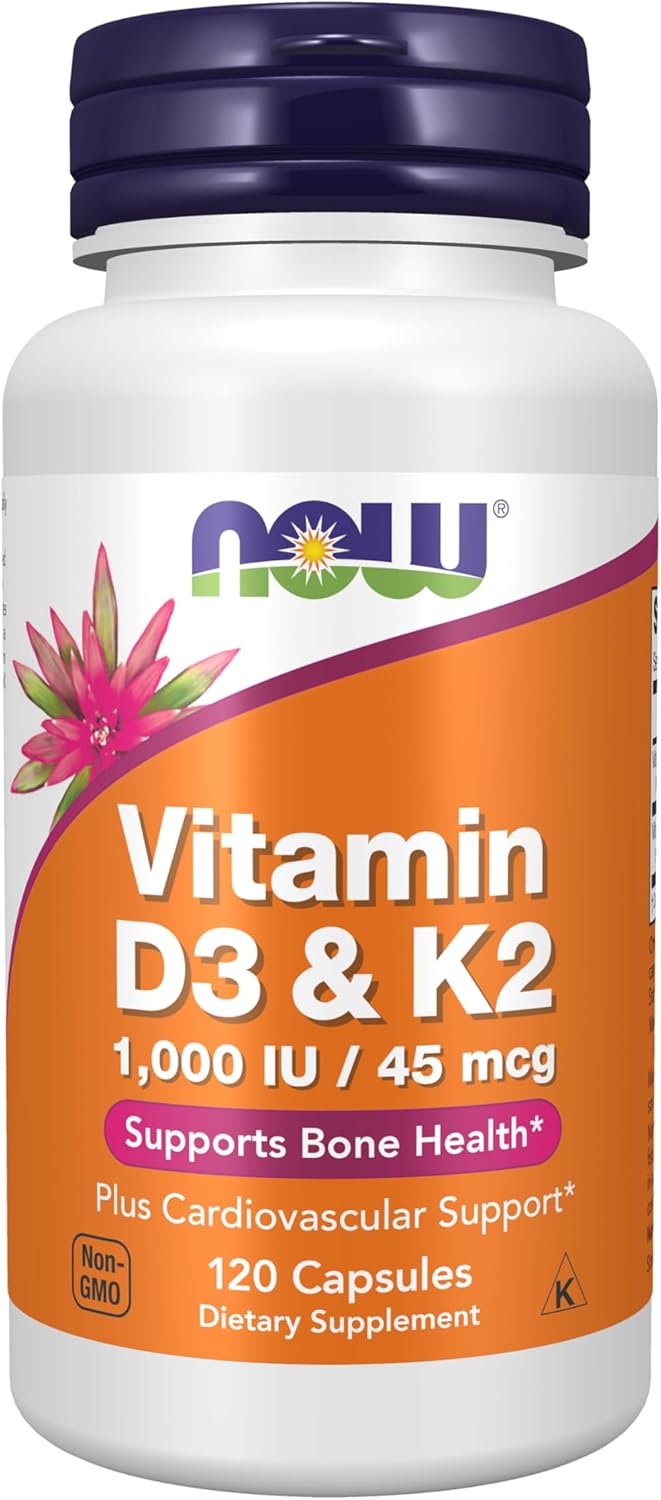 NOW Supplements, Vitamin D-3 & K-2, 1,000 IU/45 mcg,Plus Cardiovascular Support*, Supports Bone Health*, 120 veg Capsules Gsupps Australia