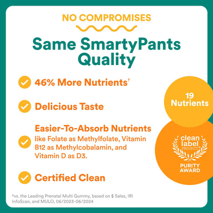 SmartyPants Prenatal Multivitamin Gummies with Omega 3 DHA/EPA, Methylfolate, Biotin, Vitamins D3, C, B12, B6, A, K, and Zinc, Gluten Free, Clean Label SmartyPants