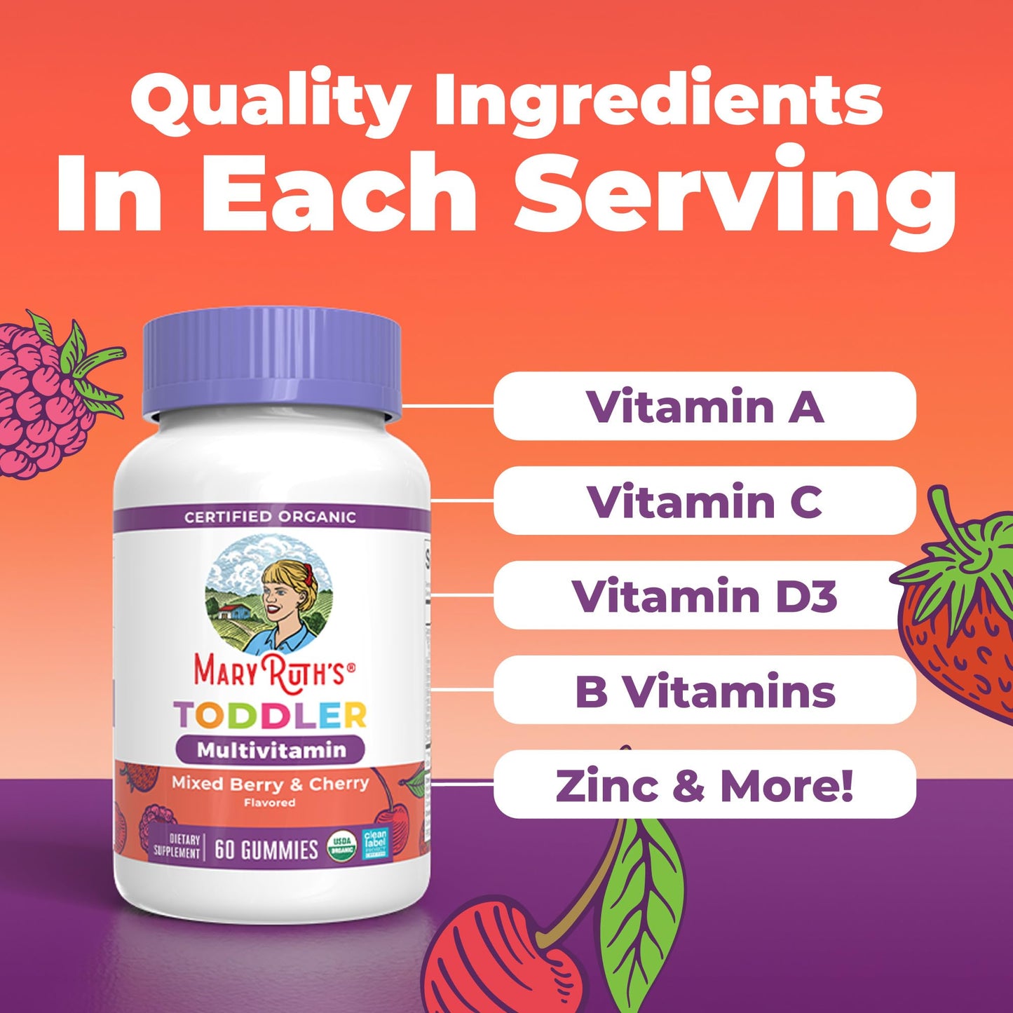 MARYRUTH'S Organic Toddler Multivitamin Gummies | Ages 4+ | Vitamin A, C, D, E, B6, B12, Biotin, Iodine, Zinc | Immunity | Bone & Teeth Health MARYRUTH'S