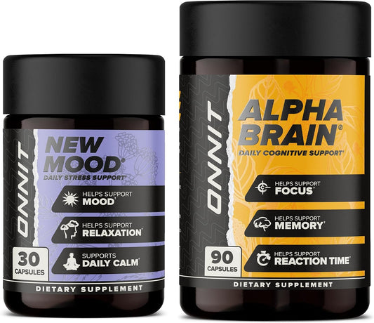 ONNIT Cognitive & Daily Mood Support Bundle: Alpha Brain Nootropic Capsules (90 Count) + New Mood Capsules (30 Count), IGEN Non-GMO Tested Focus, Mental Clarity & Relaxation, Pack of 2