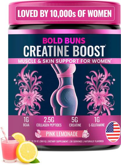 Bold Buns Creatine for Women – Supplement with Collagen & BCAA – Supports Muscle Development, Post-Workout Recovery, Skin Elasticity, Bold Buns