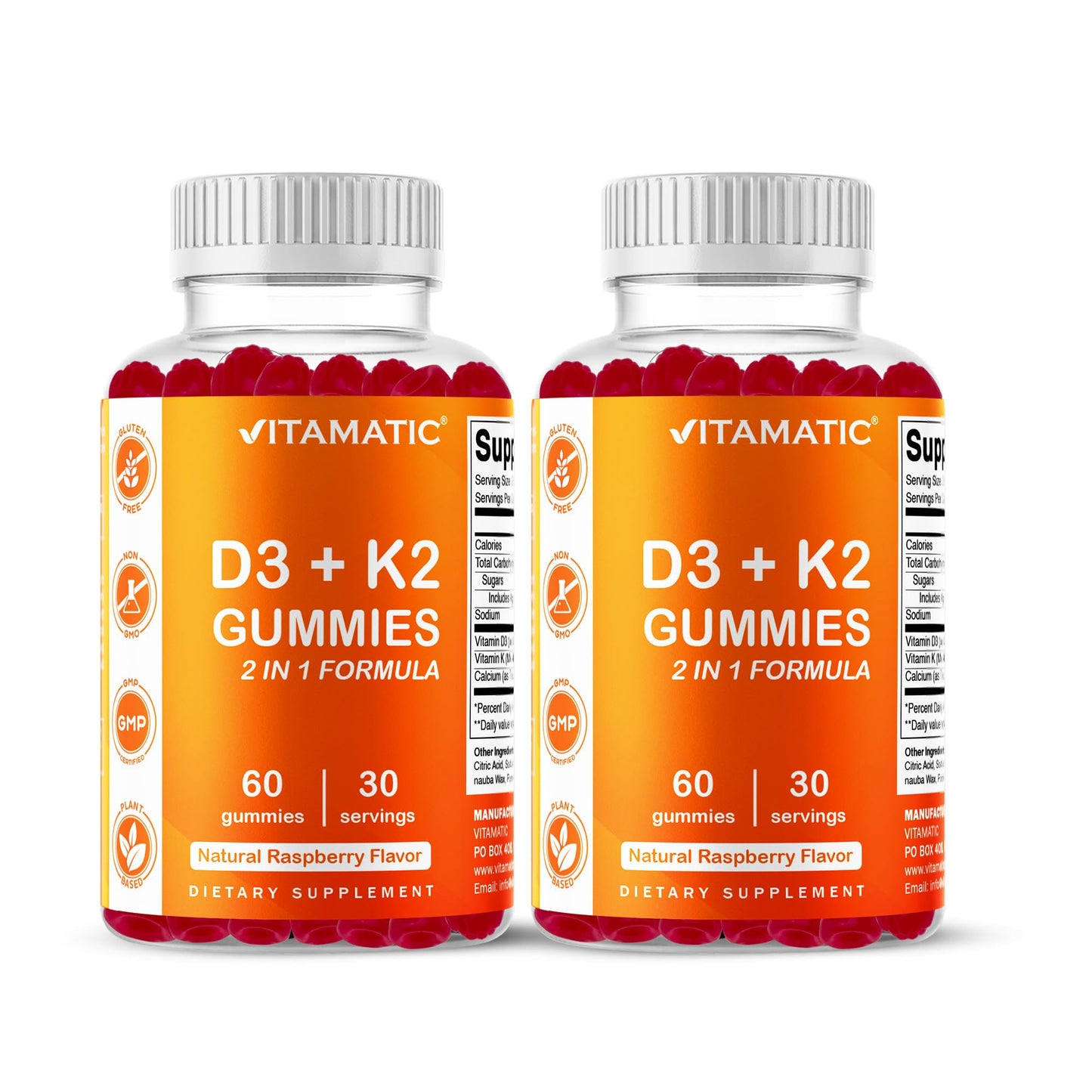 Vitamatic Vitamin D3 & K2 Gummies (2-Pack, 60 Count) Supports Healthy Bones, Heart Health, Calcium Absorption, Vitamatic