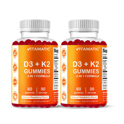Vitamatic Vitamin D3 & K2 Gummies (2-Pack, 60 Count) Supports Healthy Bones, Heart Health, Calcium Absorption, Vitamatic