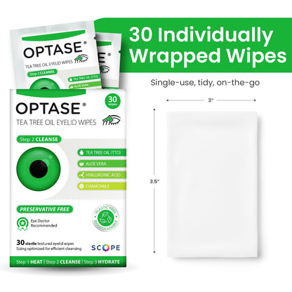 OPTASE TTO Eyelid Cleansing Wipes, 30 Count – Individually Wrapped Tea Tree Oil Eyelid Wipes – Preservative-Free Formula for Daily Use – Eye Doctor Recommended Tea Tree Eye Lid Cleanser Optase