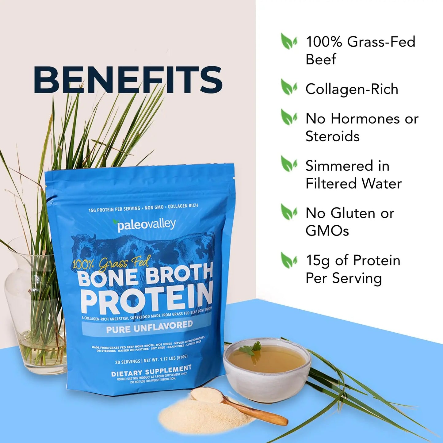 Paleovalley 100% Grass Fed Beef Bone Broth Protein Powder - Rich in Collagen Peptides for Hair, Skin, Gut Health, Bone and Joint Support Paleovalley