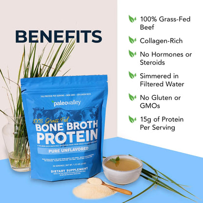 Paleovalley 100% Grass Fed Beef Bone Broth Protein Powder - Rich in Collagen Peptides for Hair, Skin, Gut Health, Bone and Joint Support Paleovalley