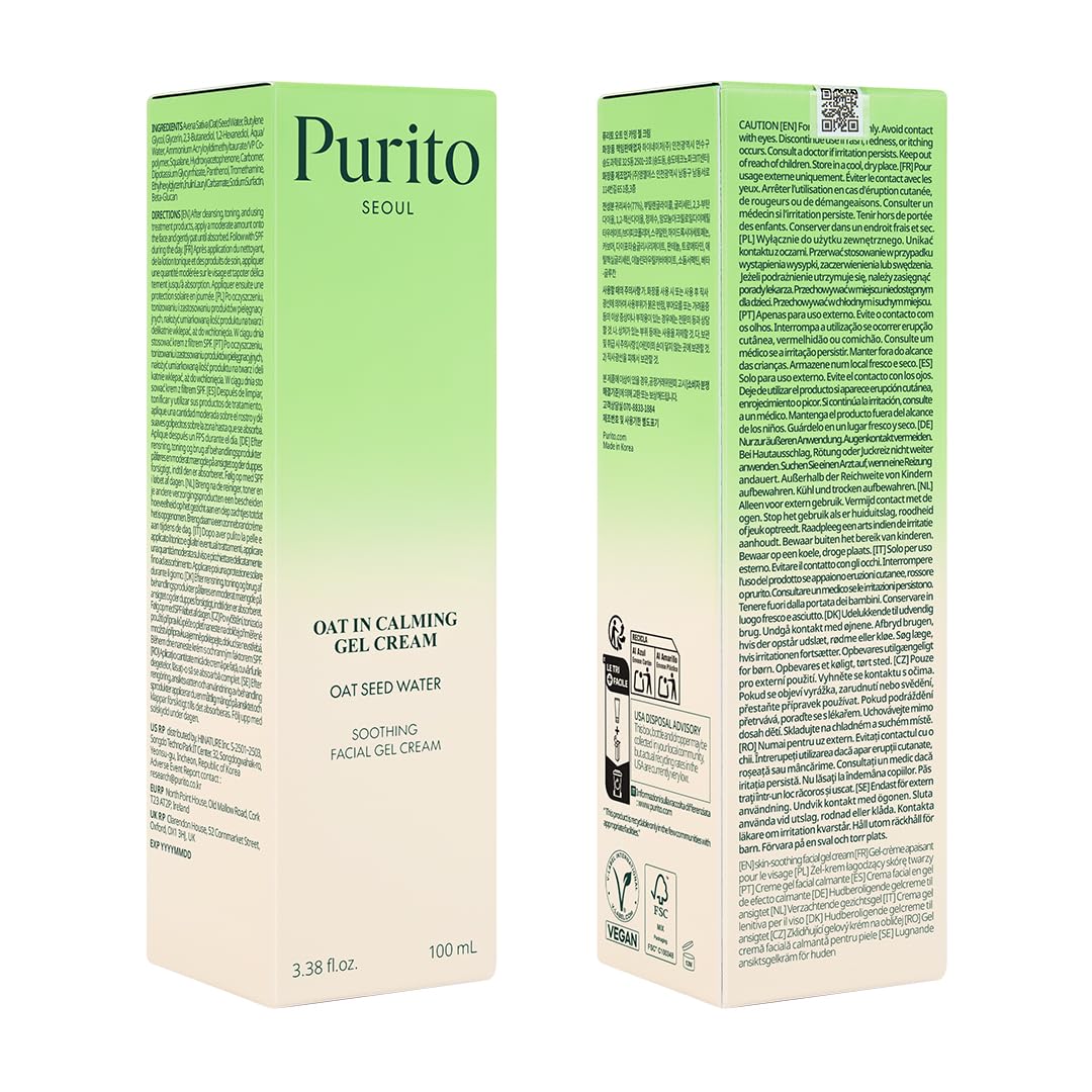 PURITO Oat In Calming Gel Cream, Non-Comedogenic, 77% Oat Seed Water Lightweight Water-Gel Face Moisturizer PURITO