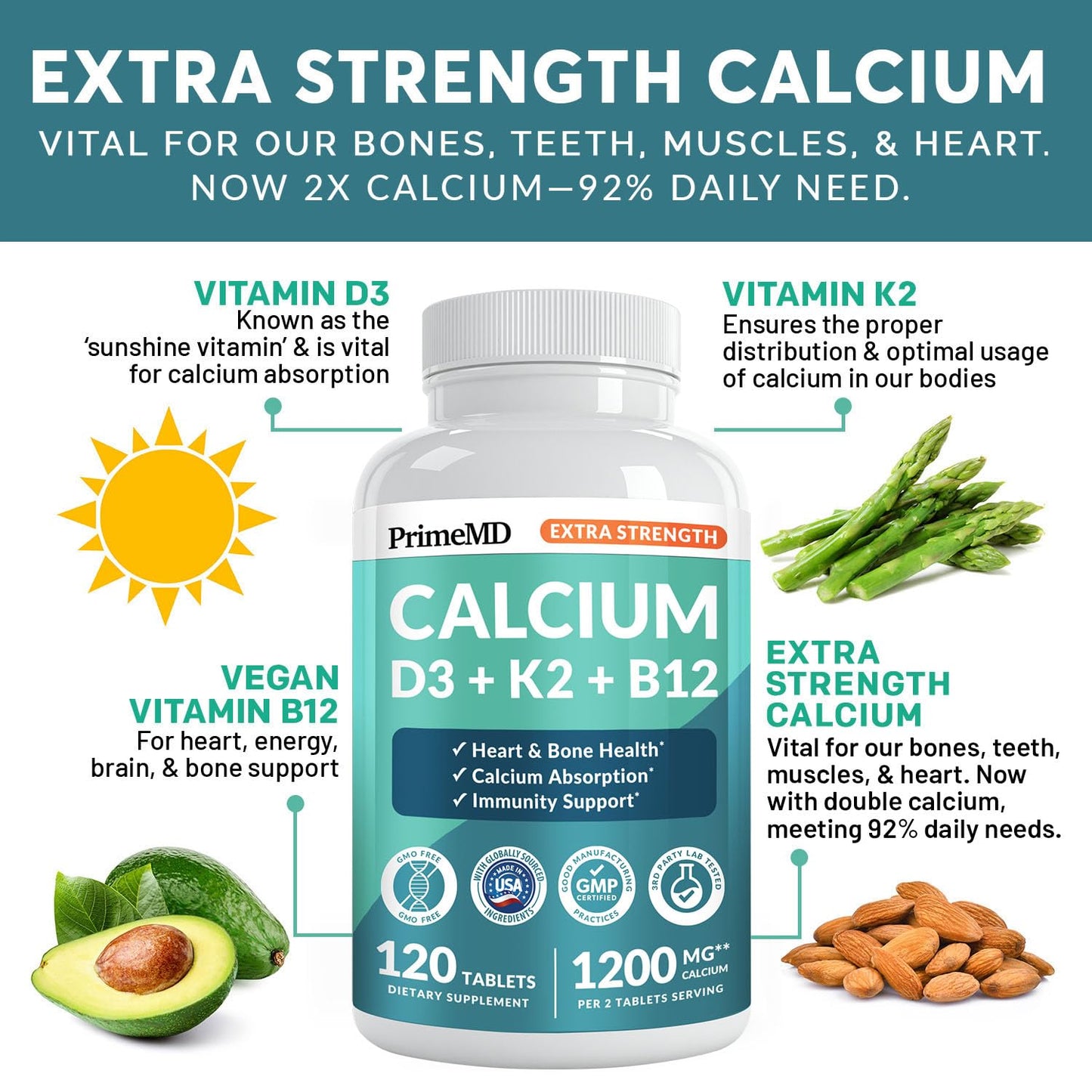 4-in-1 Calcium 1200 mg with Vitamin D3 K2 - Extra Strength Calcium Supplements for Women & Men with D3 K2 Vitamin 5000 IU - Everyday Vitality Supplement PrimeMD