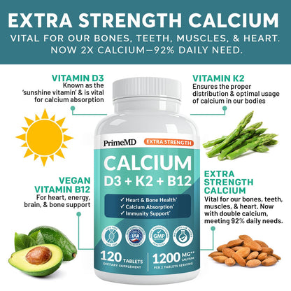 4-in-1 Calcium 1200 mg with Vitamin D3 K2 - Extra Strength Calcium Supplements for Women & Men with D3 K2 Vitamin 5000 IU - Everyday Vitality Supplement PrimeMD