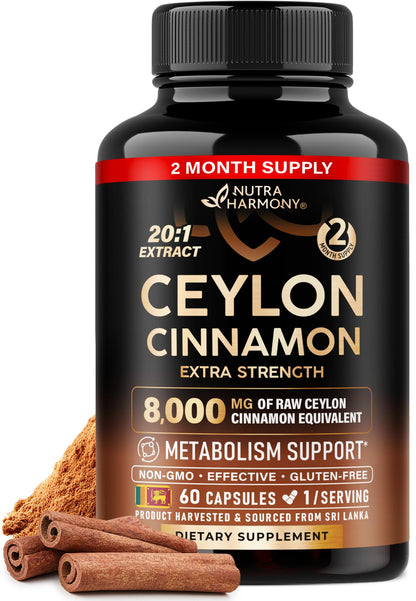 Ceylon Cinnamon Capsules - Extra Strength - Energy Heart & Metabolism Support for Men & Women - Pure Natural Cinnamon 20:1 Extract Supplement NUTRAHARMONY