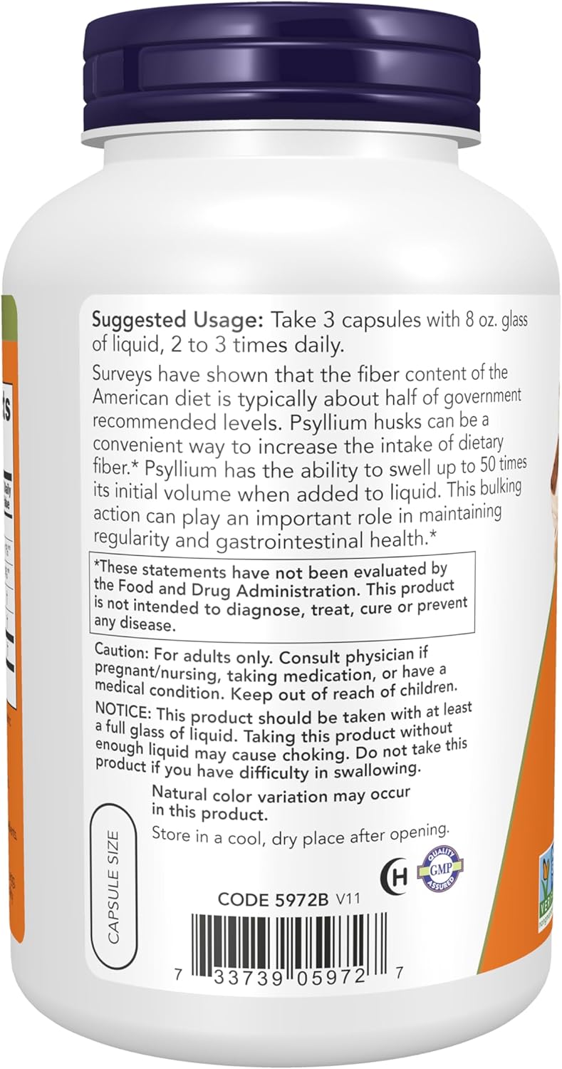 NOW Foods Supplements, Psyllium Husk Caps 500 mg, Non-GMO Project Verified, Natural Soluble Fiber, Intestinal Health*, 500 Veg Capsules Gsupps Australia