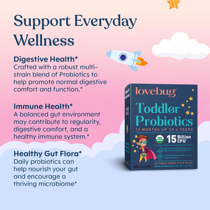LOVEBUG Kids Probiotic Powder with Prebiotic Fiber - Toddler Immunity Support & Constipation Relief - USDA Organic Probiotics for Childrens Gut & Digestive Health LOVEBUG