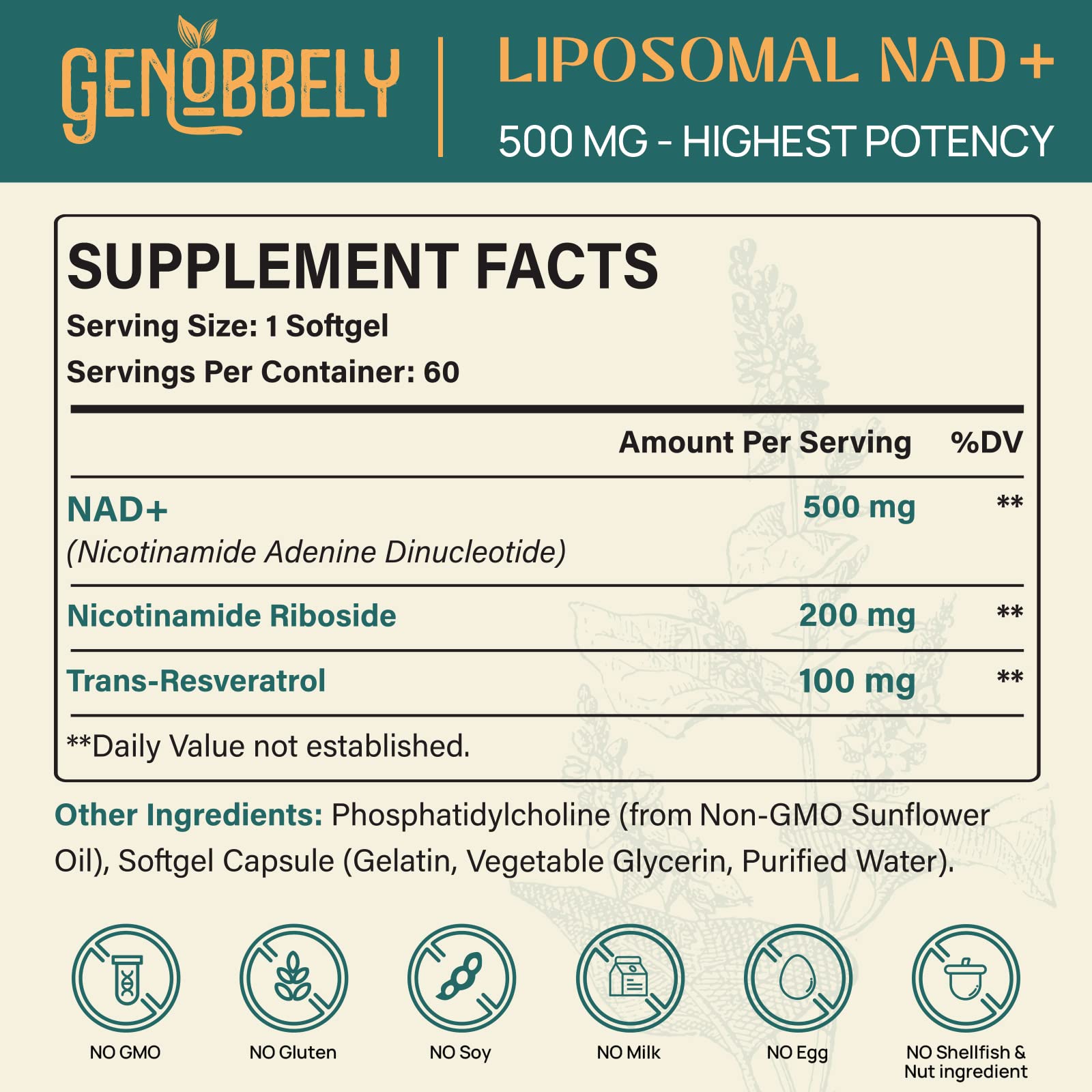 GENOBBELY 800 mg Liposomal NAD+ Supplement with Nicotinamide Riboside 200 mg, Trans-Resveratrol 100 mg - True NAD Supplement for DNA Repair, Healthy Aging, Brain Function - 60-Day Supply GENOBBELY buy australia supplements