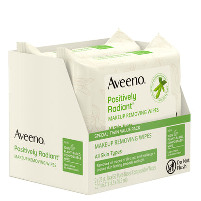 Aveeno Positively Radiant Makeup Remover Wipes, Oil Free, Alcohol Free, Non-Comedogenic Facial Cleansing Wipes, Gentle Face Wipes for Sensitive Skin Aveeno