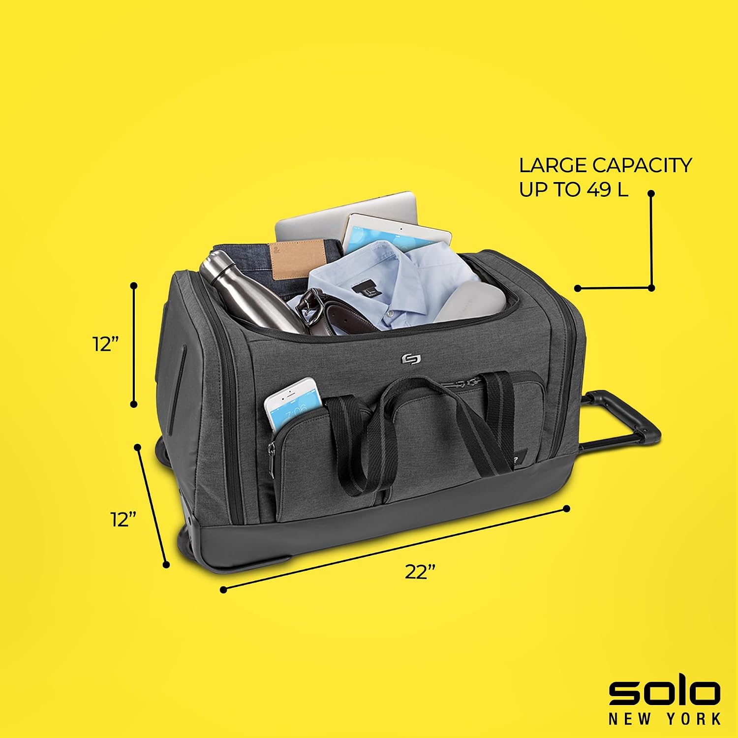 Solo New York Rolling Duffle Bag with Wheels - Wheeled Carry On Luggage for Travel, Roller Duffel for Men & Women, Telescoping Handle System, Separate Shoe & Laundry Compartment - Leroy, Gray Gsupps Australia
