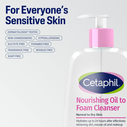 Cetaphil Nourishing Oil to Foam Facial Cleanser for Normal to Dry Skin, up to 24 Hour Hydration, 8 fl oz Cetaphil