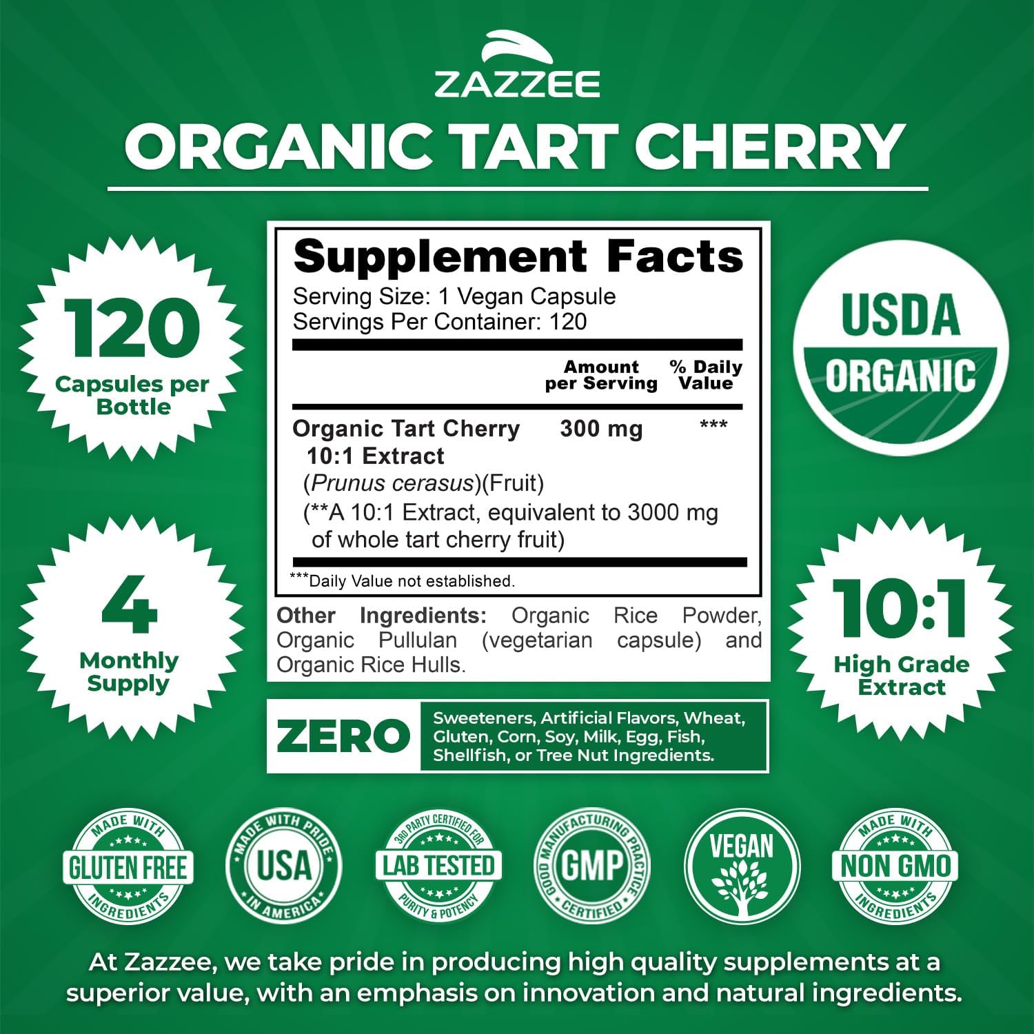 Zazzee USDA Organic Tart Cherry 10:1 Extract, 120 Capsules, 4 Month Supply | Vegan, Montmorency Cherry, Daily Wellness Antioxidant Support, Organic Herbal Supplement, All-Natural, Non-GMO, Made in USA Gsupps Australia