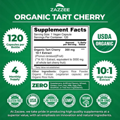 Zazzee USDA Organic Tart Cherry 10:1 Extract, 120 Capsules, 4 Month Supply | Vegan, Montmorency Cherry, Daily Wellness Antioxidant Support, Organic Herbal Supplement, All-Natural, Non-GMO, Made in USA Gsupps Australia