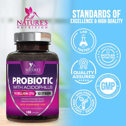 Probiotics for Digestive Gut Health - 50 Billion CFU Per Capsule, 10 Premium Strains & Prebiotics - Best Probiotics for Women & Men, Occasional Constipation, Gas, Immune Health Support - 180 Capsules Nature's Nutrition