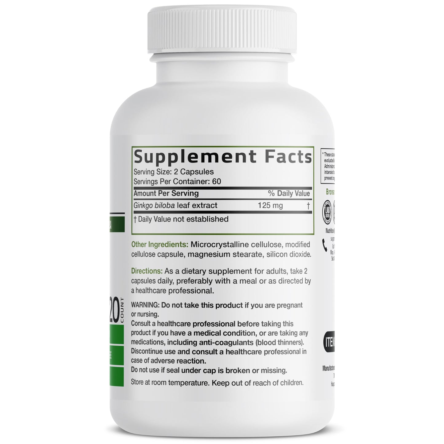 Bronson Ginkgo Biloba Extra Strength Supports Brain Function & Memory Support, 120 Vegetarian Capsules Bronson