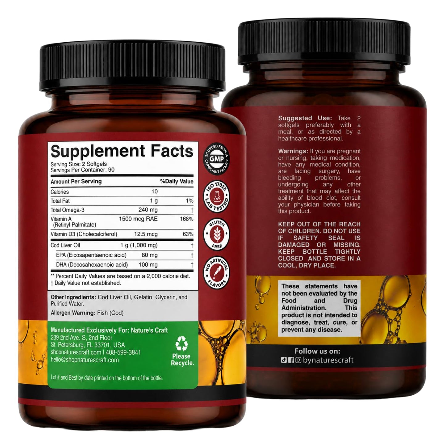 Cod Liver Oil Capsules, Omega 3 Fish Oil, 100 Mini Softgels | 1,000 mg per 2-softgel serving with 240 mg total omega-3s, EPA & DHA, vitamins A & D3, from wild-caught Icelandic cod Gsupps Australia