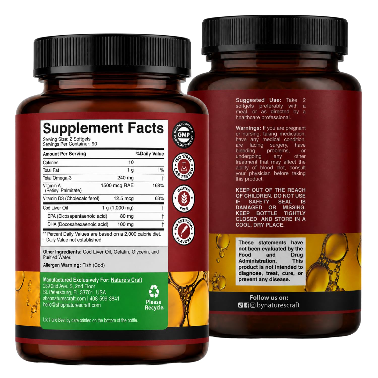 Cod Liver Oil Capsules, Omega 3 Fish Oil, 100 Mini Softgels | 1,000 mg per 2-softgel serving with 240 mg total omega-3s, EPA & DHA, vitamins A & D3, from wild-caught Icelandic cod Gsupps Australia