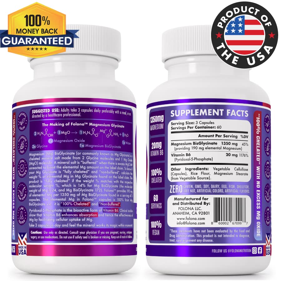 Folona Magnesium Glycinate with Vitamin B6 Research Proven to Enhance Absorption, 1350mg Fully Chelated - Supports Sleep, Stress Relief, Energy, Muscle Cramps - Gluten Free, NonGMO, 180 Vegan Capsules FOLONA buy australia supplements