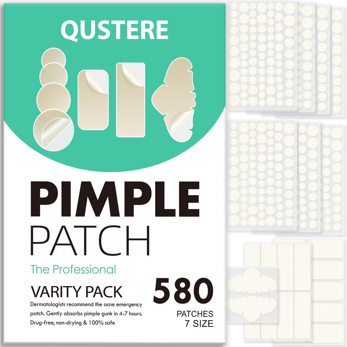 QUSTERE 580 Count Pimple Patches for Face, Large Hydrocolloid Acne Patches Stickers Bandages, Blemishes Zit Breakouts for Cheeks, Forehead, Chin, Nose for Full Face & Body | 7 Sizes | 4 Shapes QUSTERE