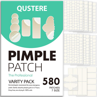 QUSTERE 580 Count Pimple Patches for Face, Large Hydrocolloid Acne Patches Stickers Bandages, Blemishes Zit Breakouts for Cheeks, Forehead, Chin, Nose for Full Face & Body | 7 Sizes | 4 Shapes QUSTERE
