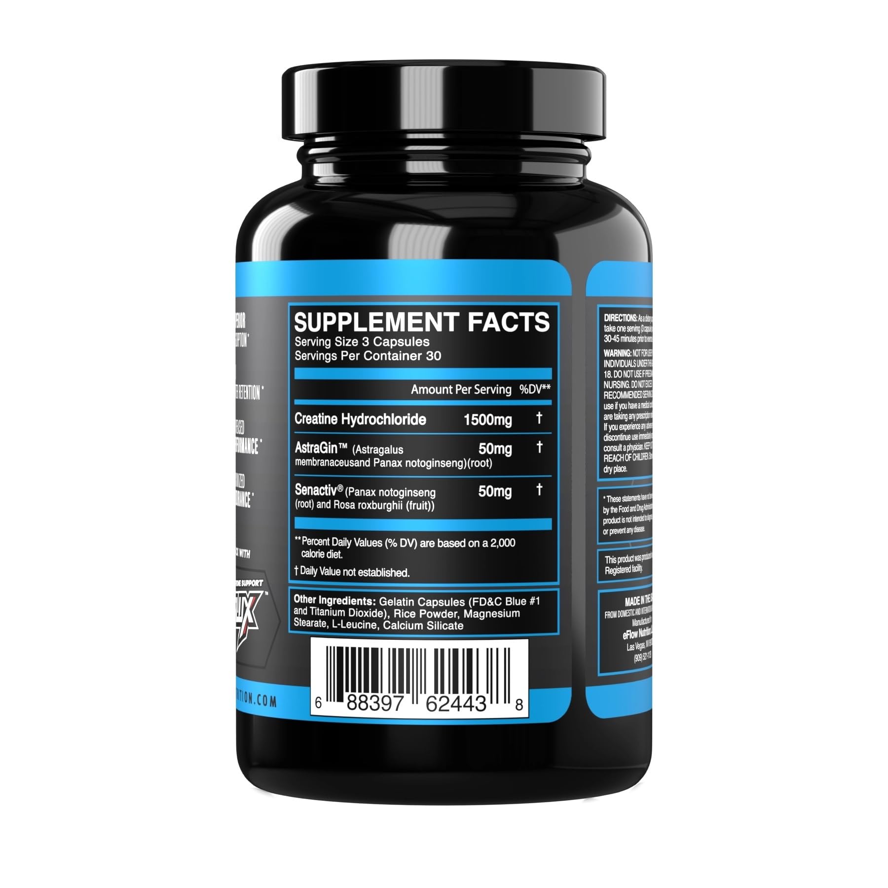 eFlow Creatine Capsules, HCL Creatine Pills - Creatine Supplement for Men & Women, Muscle Builder, Endurance, Strength, with AstraGin and Senactiv (1500mg, 90 Capsules) eFlow Nutrition buy australia supplements