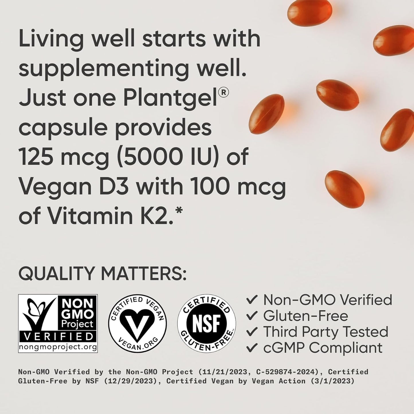 Sports Research® Vegan Vitamin D3 + K2 w/Coconut Oil, 60 Count Plantgels™ | Plant-Based Vitamin D 5000iu/125mcg & Soy-Free Vitamin K 100mcg for Bone & Immune Support - Vegan Certified · Non-GMO Gsupps Australia
