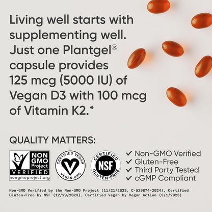 Sports Research® Vegan Vitamin D3 + K2 w/Coconut Oil, 60 Count Plantgels™ | Plant-Based Vitamin D 5000iu/125mcg & Soy-Free Vitamin K 100mcg for Bone & Immune Support - Vegan Certified · Non-GMO Gsupps Australia