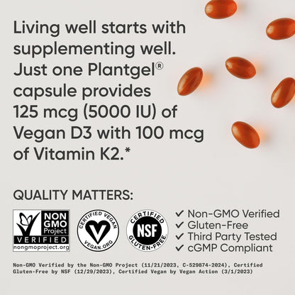 Sports Research® Vegan Vitamin D3 + K2 w/Coconut Oil, 60 Count Plantgels™ | Plant-Based Vitamin D 5000iu/125mcg & Soy-Free Vitamin K 100mcg for Bone & Immune Support - Vegan Certified · Non-GMO Gsupps Australia