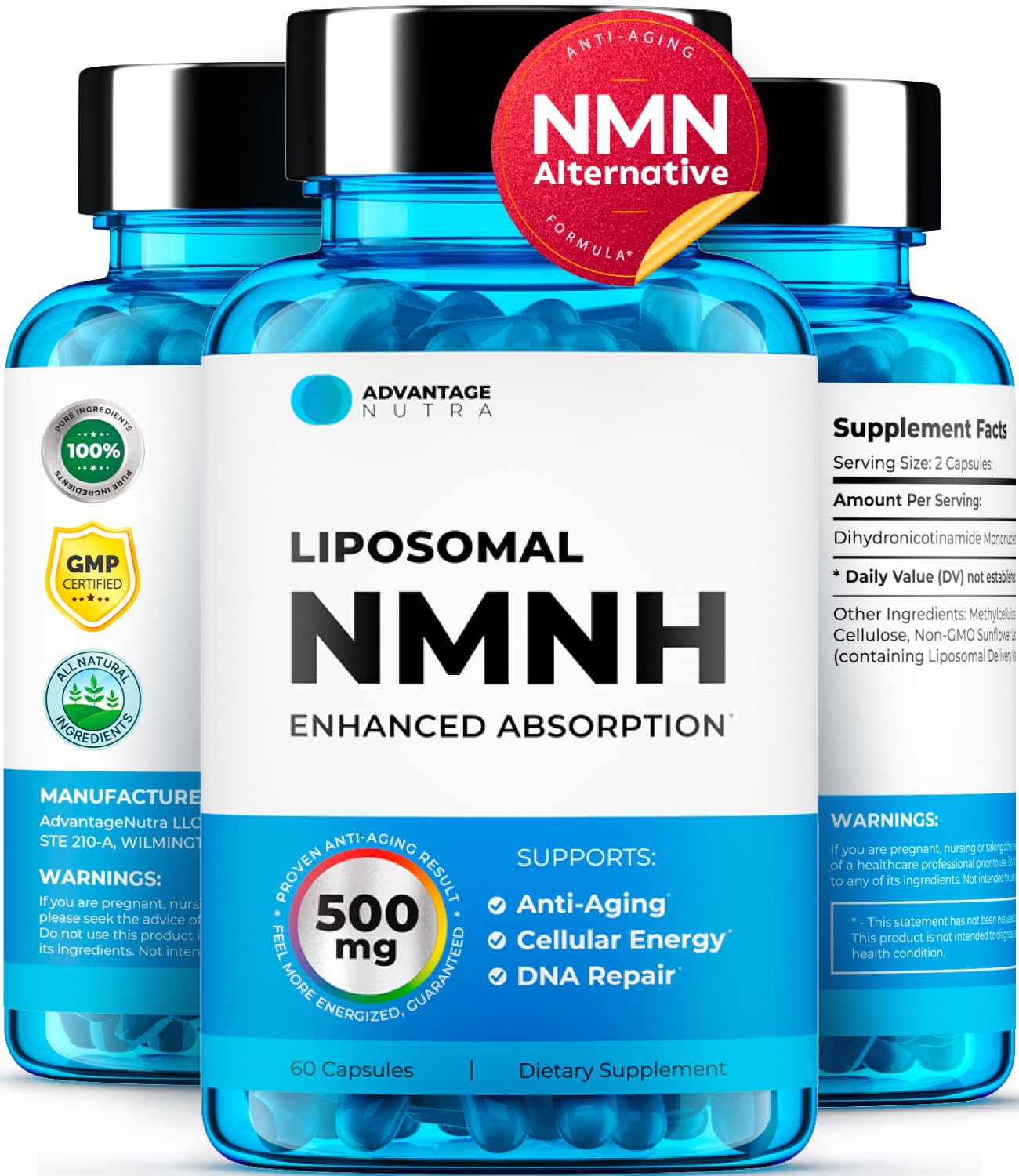 Liposomal NMNH 500 MG - NMN Supplement Alternative - NAD Supplements for Women & Men | Healthy Anti Aging - Cell Support for Energy, Focus & Skin - Advanced NAD+ Resveratrol 3-Party Tested | 1 Pack AdvantageNutra buy australia supplements