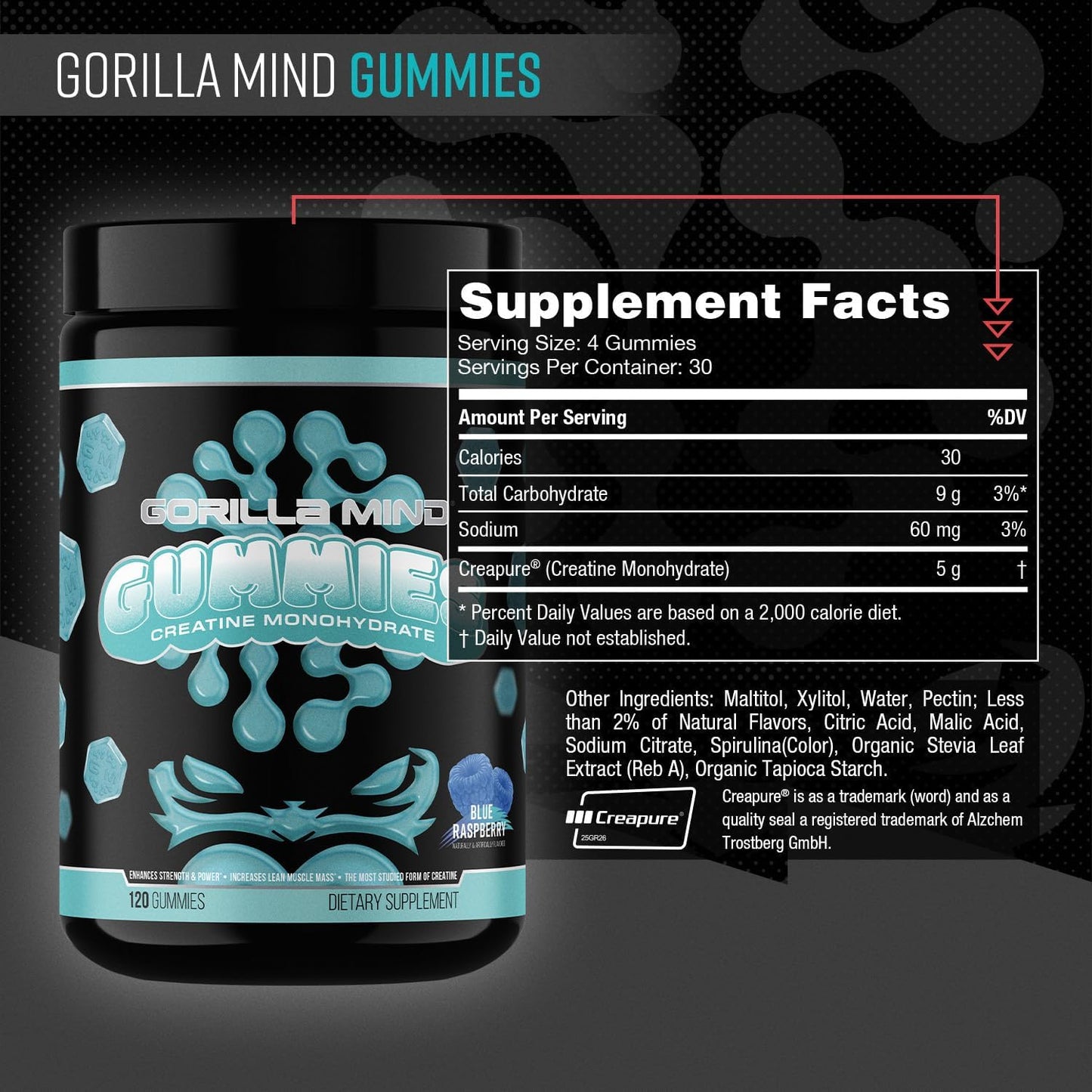 Gorilla Mind Creatine Gummies - Third-Party HPLC Tested | 5g Creapure® Creatine Monohydrate | Verified Potency & Purity | Strength · Power · Lean Muscle | No Added Sugar | Blue Raspberry Flavor