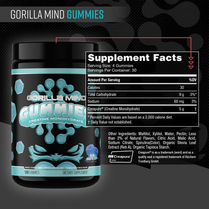 Gorilla Mind Creatine Gummies - Third-Party HPLC Tested | 5g Creapure® Creatine Monohydrate | Verified Potency & Purity | Strength · Power · Lean Muscle | No Added Sugar | Blue Raspberry Flavor