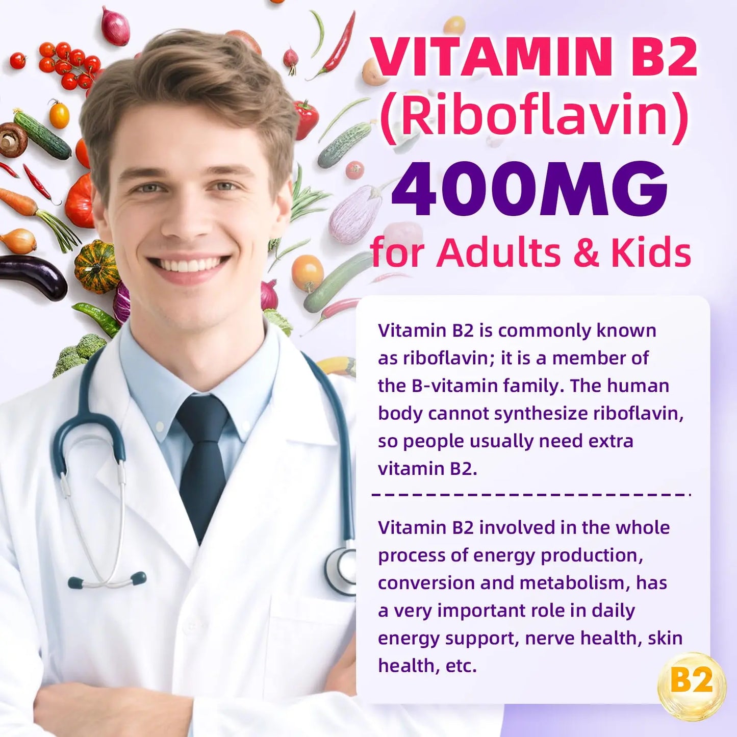 VCCHUYH Vitamin B2 Gummies for Kids & Adults, VIT B2 Riboflavin 400mg Supplement with Magnesium for Migraine Relief & Nervous System Support, Non-GMO, VCCHUYH